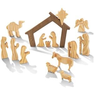 Wooden Nativity Set Hand Carved Style Natural Wood Christmas Tabletop Decor